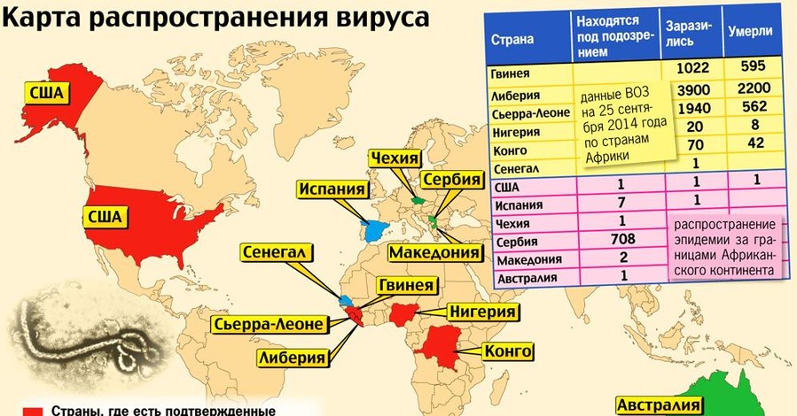 Карта распространения вируса Эбола